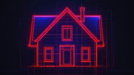 Neon Outline of Modern House in Blueprint Style Displaying Architectural Design with Bright Colors and Geometric Grid Overlay