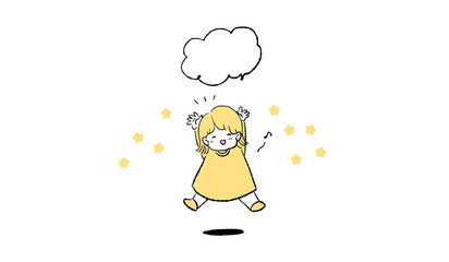ハッピーな喜ぶ女の子とふきだしのイラスト