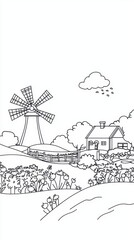 A serene countryside coloring book page showing rolling hills, a windmill turning in the breeze, and a small farmhouse surrounded by trees. Add intricate details on the plowed fields, flower 