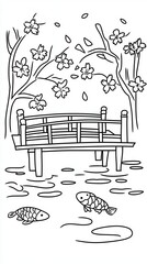 A serene garden coloring book page with a koi pond, a wooden bridge crossing over it, and blooming cherry blossom trees. Add reflections of the flowers in the water and intricate scales on the 