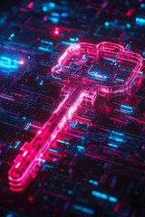 A neon key on a circuit board with a blue and red background