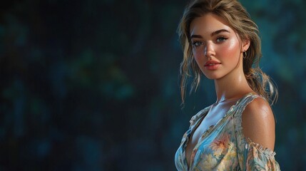 Naklejka premium Stunning Portrait of a Young Woman in a Floral Dress
