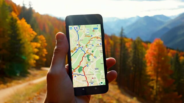 First person view of a hiker using smartphone's GPS app in autumn mountain forest travel. A first-person view captures the adventure of hiking with GPS in a fall landscape.