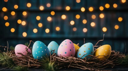 Capture the essence of Easter with prayerful contemplation and renewal Celebrate with vibrant spring symbols like colorful eggs nestled in straw This image evokes peace and new beginnings, perfect