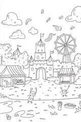 Obraz premium A vibrant carnival coloring book scene featuring acrobats swinging on trapezes, a Ferris wheel spinning brightly, and food stalls serving candy apples. Include intricate costume details, colorful 