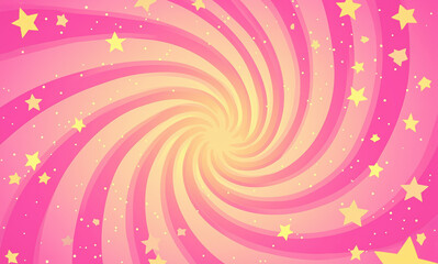 Spirals of vivid pink and yellow radiate outward with scattered stars, creating a joyful and dynamic backdrop suitable for graphics, cards, or decorations. Colorful spiral design with stars 