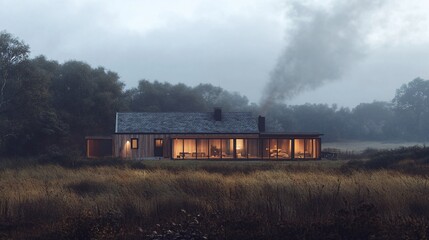 Fototapeta premium Foggy view of a rustic cabin at dusk with warm interior lighting.