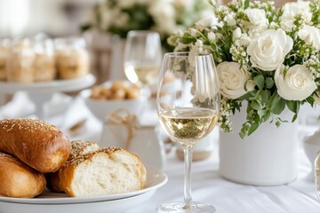 Capture the joy of a delightful Easter feast, where family shares traditions and creates lasting memories around a beautifully set table Featuring freshly baked bread, sparkling wine, and elegant