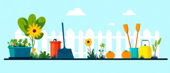 A colorful garden scene featuring pots, flowers, a shovel, and watering can against a light blue background with clouds and a white picket fence.