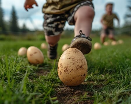 Capture the magic of a giant egg hunt, a vibrant field transformed into a giant egg hunt board game, with players leaping between spots to find eggs Children joyfully scamper over a grassy field