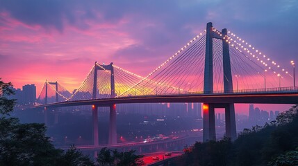 Obraz premium A vibrant sunset over a modern suspension bridge.