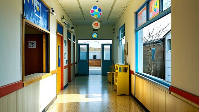 corridor of a nursery school during the holidays without childre 