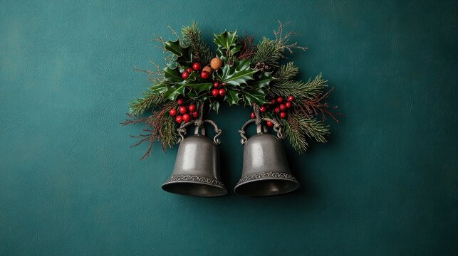 Capture the spirit of Christmas with these Elegant festive bells with a polished silver finish, adorned with holly leaves and delicate bows These beautifully crafted silver bells, accented by vibrant - Powered by Adobe