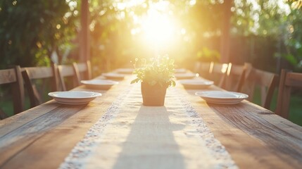 Capture the warmth of a Christian holiday celebration where families share prayers and enjoy festive meals together, featuring a beautifully set outdoor dining table with sunlight streaming through