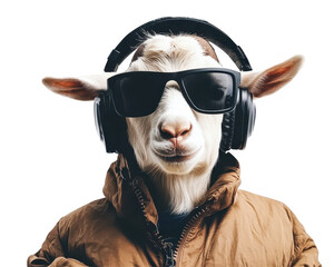 Isolated Goat Wearing Sunglasses and Headphones