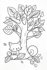 Naklejka premium A whimsical autumn forest coloring book illustration with falling leaves, squirrels gathering acorns, and a fox curled up under a tree. Add intricate textures on the leaves and bark and soft 