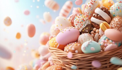Obraz premium Celebrate Easter with a basket overflowing with seasonal treats, perfect for a family feast This image captures the joy of the holiday, showcasing colorful pastel candies and delicious baked goods