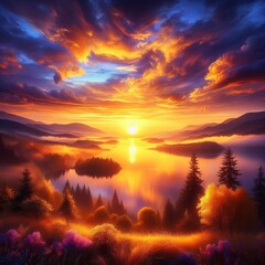 Fototapeta premium Sunrise Over a Lake Warm golden hues blending into cool blues an