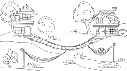 Fototapeta premium A whimsical treehouse village coloring book page featuring rope bridges connecting the houses, children playing in hammocks, and lanterns lighting the paths. Add intricate wood textures on the 