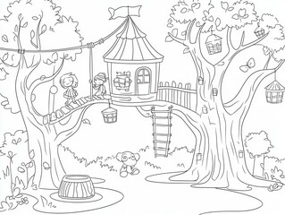 Naklejka premium A whimsical treehouse village coloring book design with rope bridges, tiny lanterns hanging from branches, and children playing in the treetops. Add detailed bark textures on the trees and intricate 