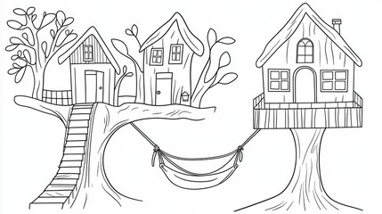 Naklejka premium A whimsical treehouse village coloring book page featuring rope bridges connecting the houses, children playing in hammocks, and lanterns lighting the paths. Add intricate wood textures on the 