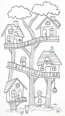 Fototapeta premium A whimsical treehouse village coloring book scene with rope bridges connecting the houses, children playing outside, and lanterns lighting the paths. Add intricate details on the wood textures 