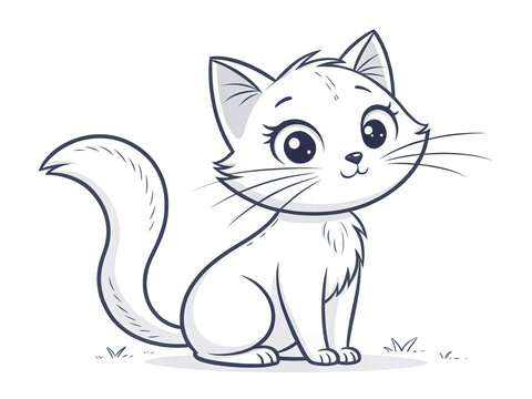 Cute cartoon cat for coloring book, big eyes and playful pose, outlined on a white background.  