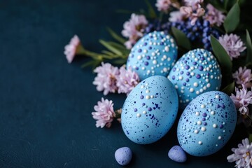 Obraz premium Discover stunning Themed Easter decorations featuring artistic eggs in pastel hues, celebrating the beauty of renewal Find inspiration for your Easter celebrations with gorgeous handmade eggs, floral
