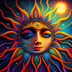 Surreal Sun Goddess with Third Eye – Vibrant Cosmic Illustration for Spiritual Awakening and Meditation