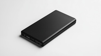 Sleek Black Power Bank with Multiple USB Ports on White Background