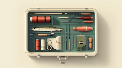 Open fishing tackle box with lures, rods, and other equipment.