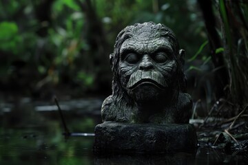 Obraz premium Mysterious stone bust partially submerged in dark forest water during twilight hours