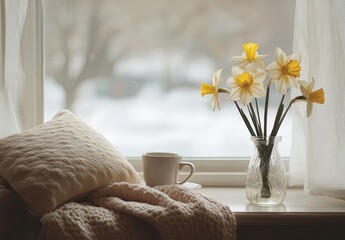 Bright Daffodils in a Cozy Window Scene with a Cup and Soft Blanket for a Relaxing and Serene Home Atmosphere during Spring or Winter