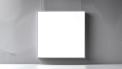 3D rendering of a hanging white wall sign, square billboard, signboard on a gray background