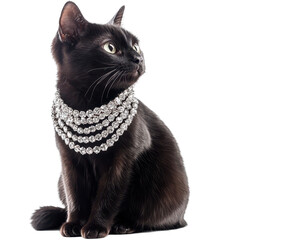 Isolated Black Cat Sitting with Diamond Collar