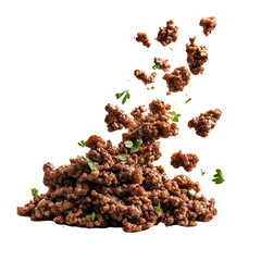 Obraz premium Falling Fried Ground Beef Minced Meat Isolated on White and Transparent Background