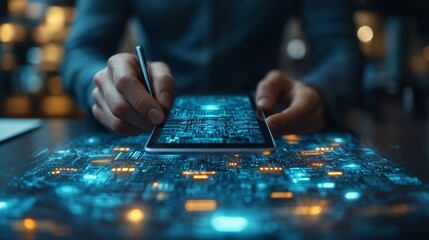 Close-up of hands using stylus on tablet displaying circuit board.