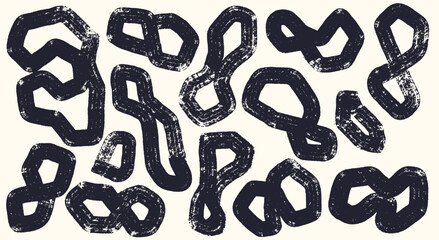 Grunge art hand drawn black elements, squiggles, infinity, curved lines with loops, figure eight lines. Brush drawn bold swirls, spirals. Vector scribbles, swirling lines for colleges, design.