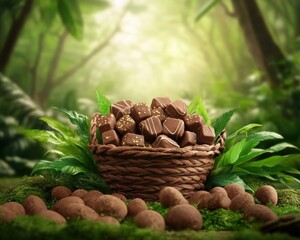 Indulge in A holiday-inspired Easter basket featuring a decadent assortment of chocolates, perfect for gifting or a personal treat This luxurious chocolate display, set in a lush, jungle background