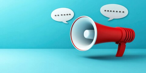 Blue backdrop highlights a megaphone alongside a speech bubble for marketing themes.
