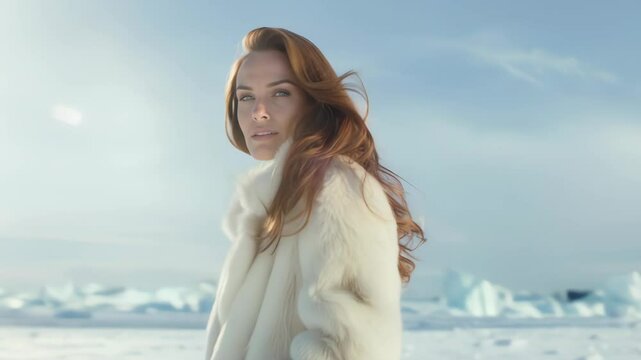 Beautiful woman in fur coat on ice and snow background