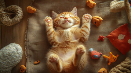 Ginger Cat Sleeping with Toys, Cozy Comfort Photography