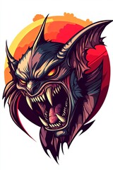 Fototapeta premium Fierce bat creature head, snarling, against sunset backdrop.
