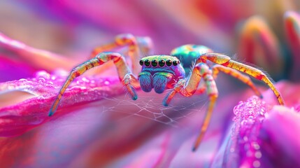 A vibrant close-up of a spider on a flower, showcasing intricate colors and details.