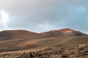 Volcanic lava mountains in Timanfaya National Park in Lanzarote in Spain