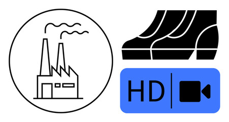 Industrial factory emitting smoke, boots symbolizing productivity and labor, HD video icon for communication and media. Ideal for manufacturing, industry, labor, workplace, video quality