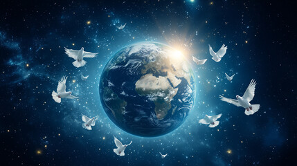Fototapeta premium Earth surrounded by doves of peace in outer space