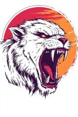 Fierce white big cat roaring against a sunset.