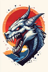 Fierce white dragon head illustration against a vibrant sunset backdrop.