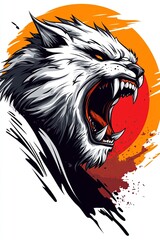 Fierce white wolf head roaring against a fiery orange sun, graphic illustration.